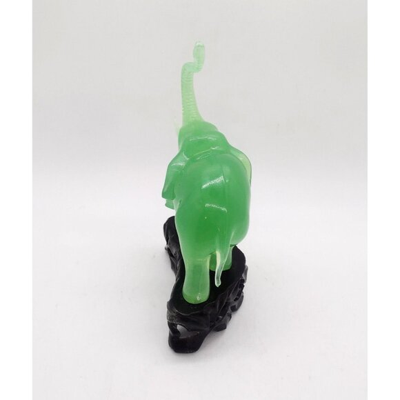 Faux Jade Asian Elephant Figurine on Base Vintage Trunk Up Green Decor - Picture 5 of 7